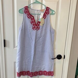 Sleeveless Striped Dress with Red Embroidery